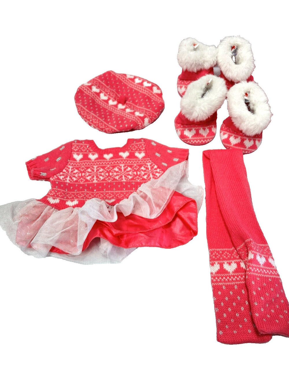 Build-A-Bear Doll Outfit Pink White Snowflake Sweater Dress ,Scarf Hat & 4 Boots